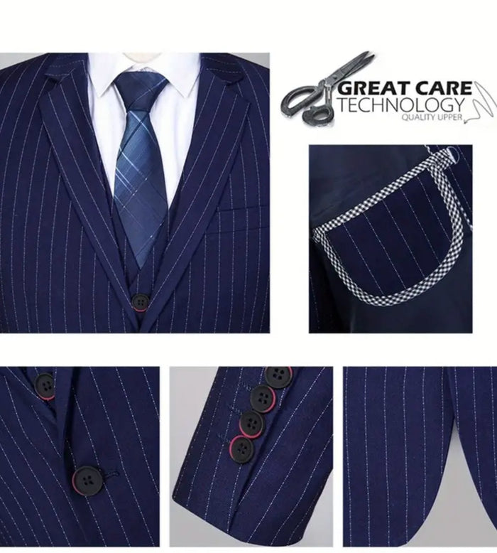 One Button Men's Striped Three-piece Suit, Jacket + Vest + Pants, Wedding Party Formal Wear, Plaid Suit-UY308017 - SimonVon Shop