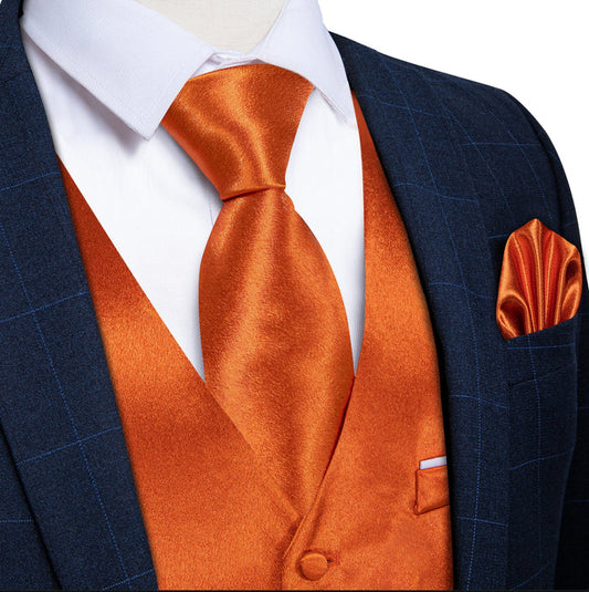 Orange Solid Satin Waistcoat Vest Tie Handkerchief Cufflinks Set- MJ-0629 - SimonVon Shop