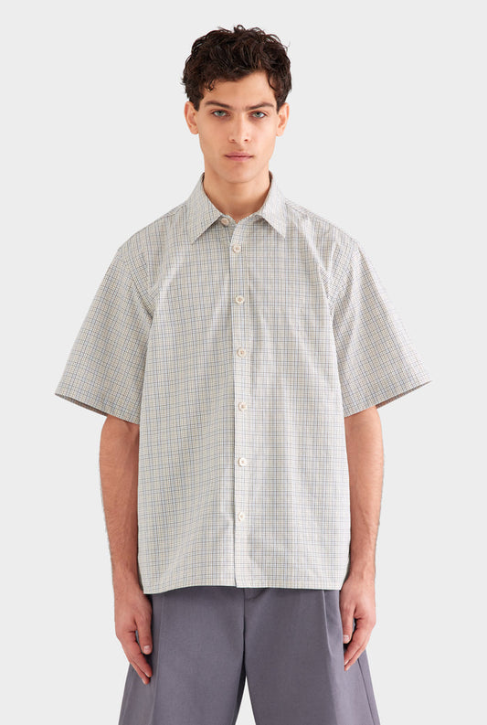 Oversized Cotton Check Short Sleeve Shirt - Beige Check