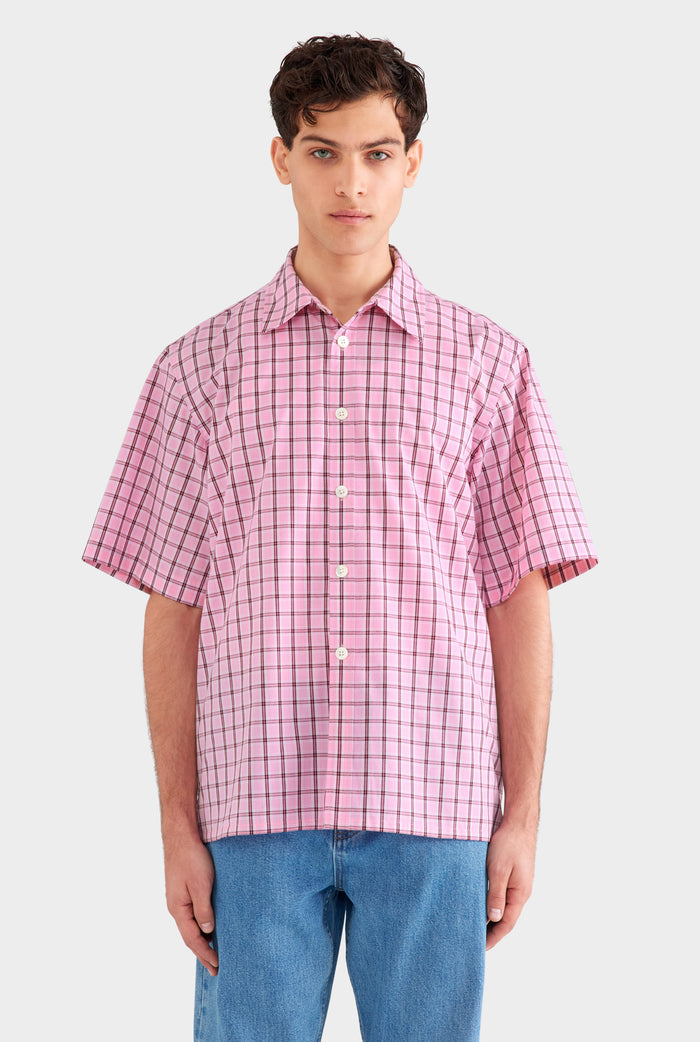 Oversized Cotton Check Short Sleeve Shirt - Pink Check