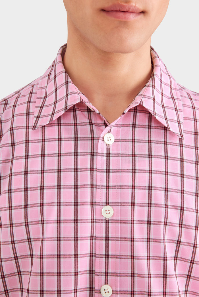 Oversized Cotton Check Short Sleeve Shirt - Pink Check