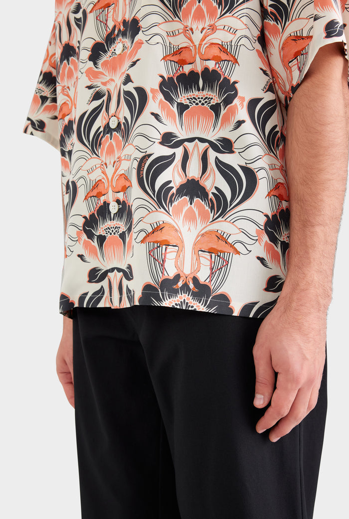 Oversized Fuji Silk Short Sleeve Shirt - Cream/Orange/Black Acid Floral