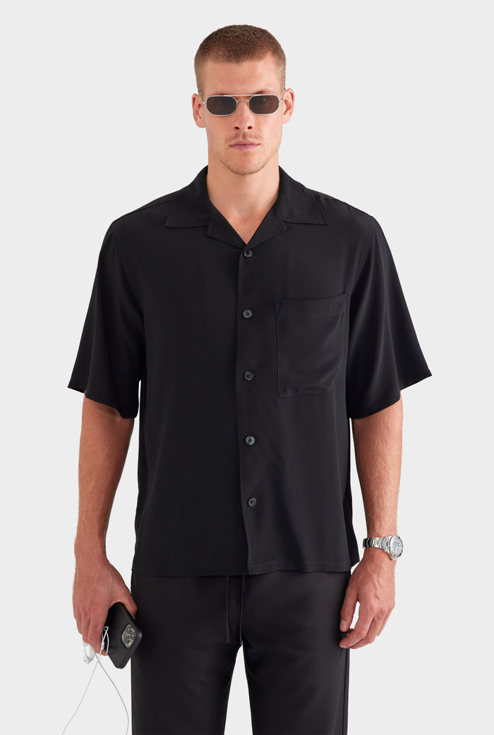 Oversized Relaxed Silk Short Sleeve Shirt - Black