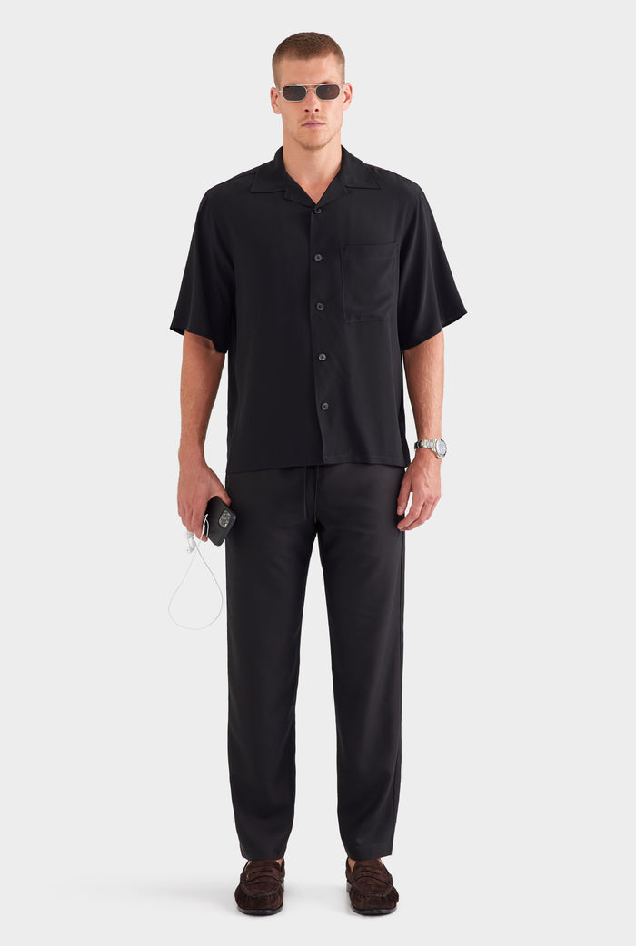 Oversized Relaxed Silk Short Sleeve Shirt - Black