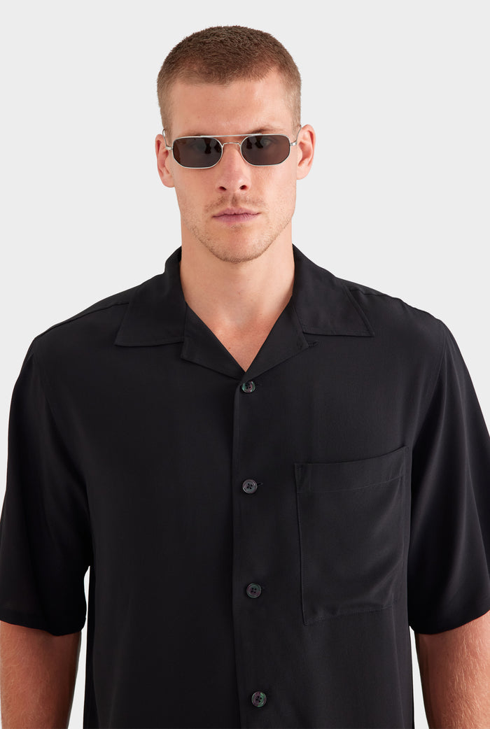 Oversized Relaxed Silk Short Sleeve Shirt - Black