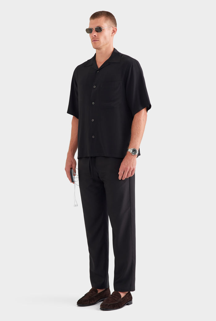 Oversized Relaxed Silk Short Sleeve Shirt - Black