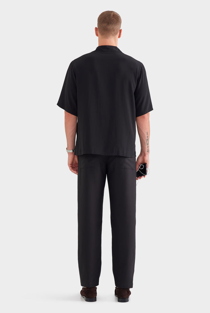 Oversized Relaxed Silk Short Sleeve Shirt - Black