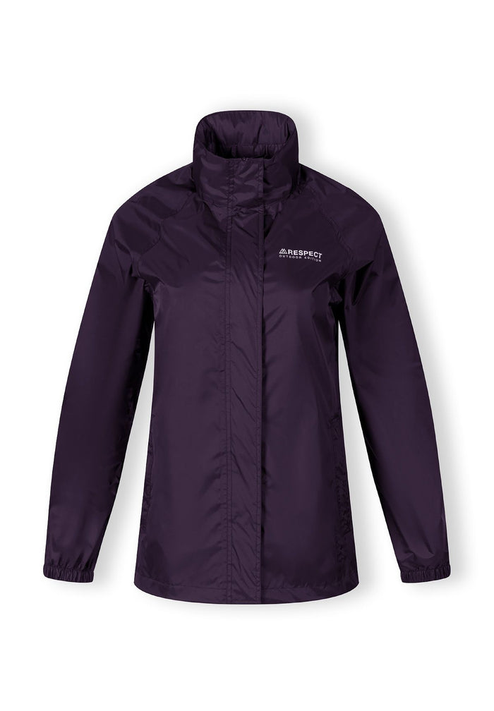 Women’s packaway waterproof jacket in purple, front view with hood and logo.