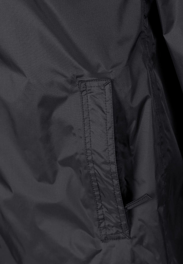 Detail of a black waterproof jacket showing a zippered pocket.