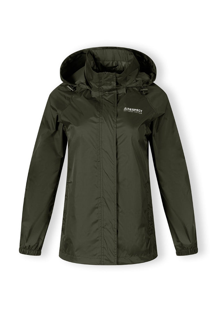 Women’s khaki waterproof jacket, front view, features hidden hood and zip pockets.