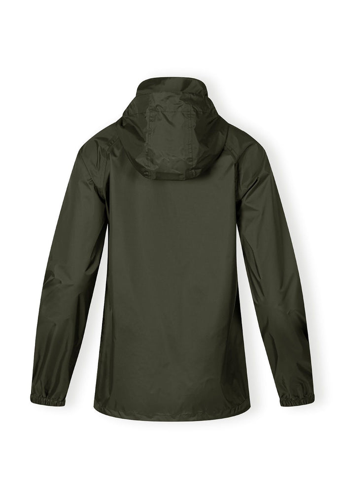 Back view of a khaki waterproof jacket with a hidden hood and elastic cuffs.