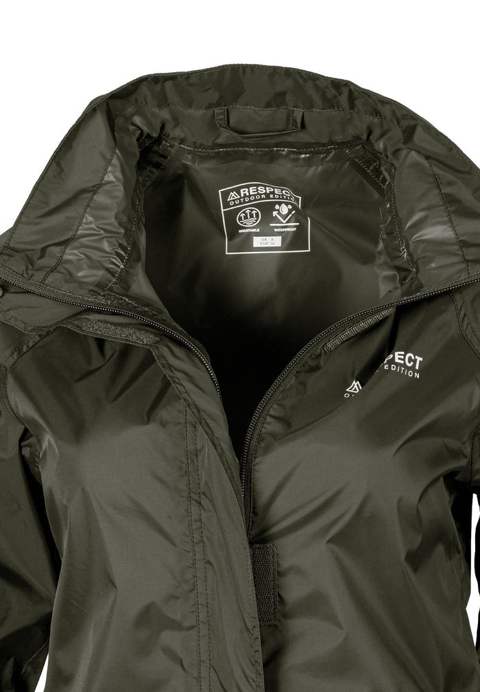 Close-up of a khaki waterproof jacket with hidden hood and full zip closure.