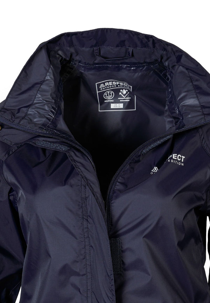 Detail of a navy waterproof packaway jacket with a zip fastening and hood.
