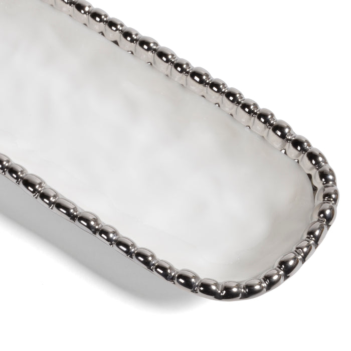 Pampa Bay Salerno Porcelain Cracker Tray with Titanium-Plated Border, White and Silver