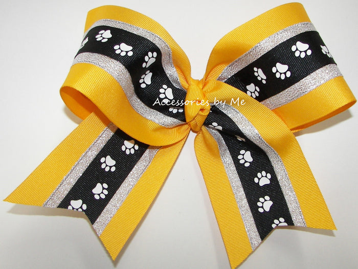 Paw Print Black Silver Metallic Yellow Gold Cheer Bow