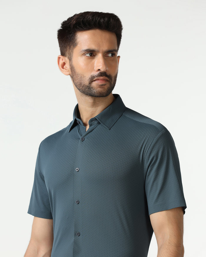 Petrol Blue Half Sleeve Techpro Textured Shirt - Hurton