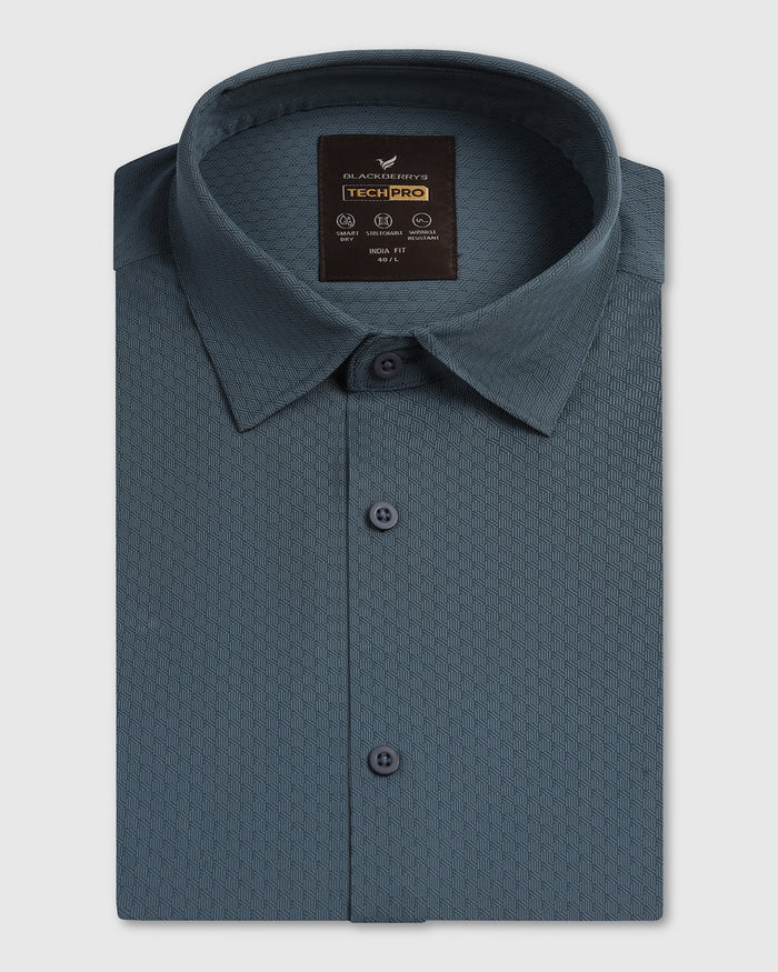 Petrol Blue Half Sleeve Techpro Textured Shirt - Hurton