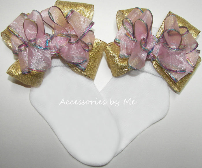 Pink Organza Iridescent Trim Gold Metallic Bow Socks