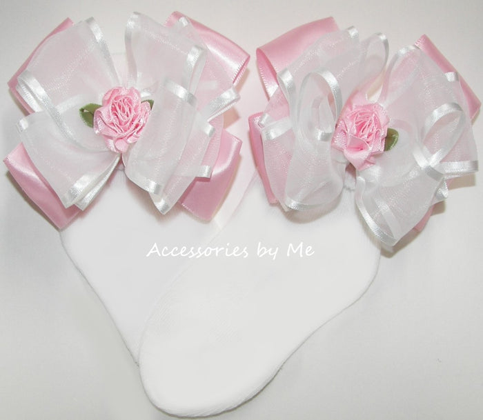 Light Pink and White Organza Satin Rose Flower Bow Socks