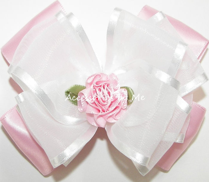White and Light Pink Organza Satin Rose Flower Hair Bow