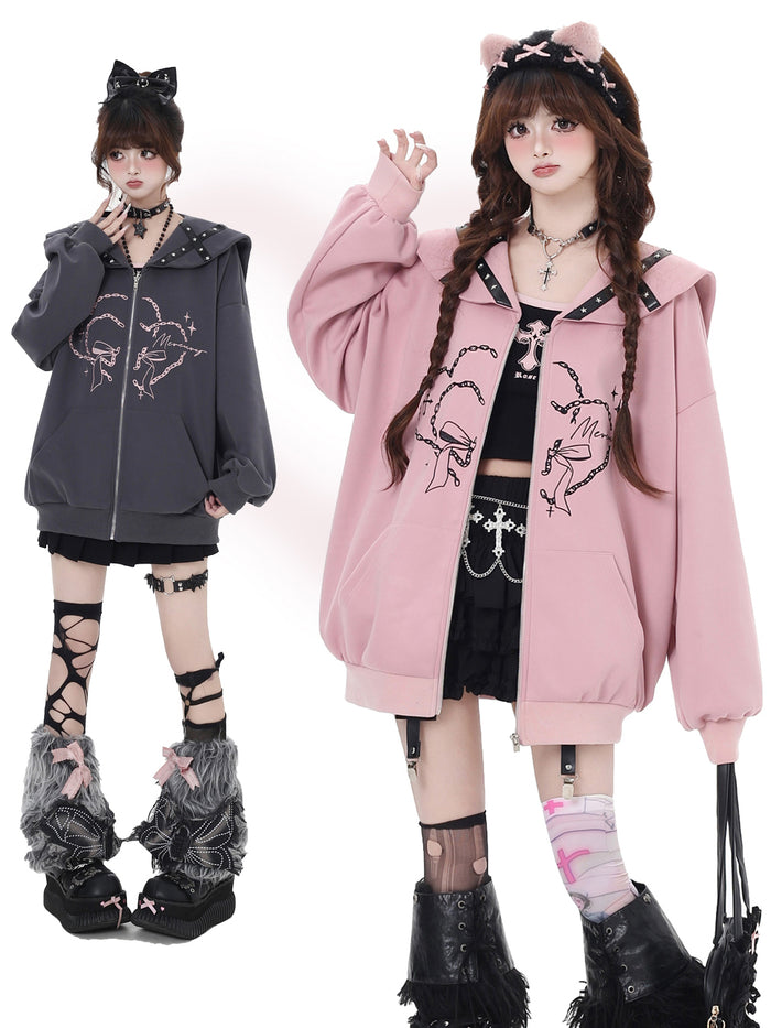 Pink/Gray Japanese Subculture Navy Collar Oversized Hooded Coat for Spring
