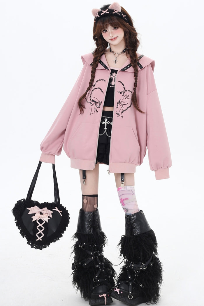 Pink/Gray Japanese Subculture Navy Collar Oversized Hooded Coat for Spring