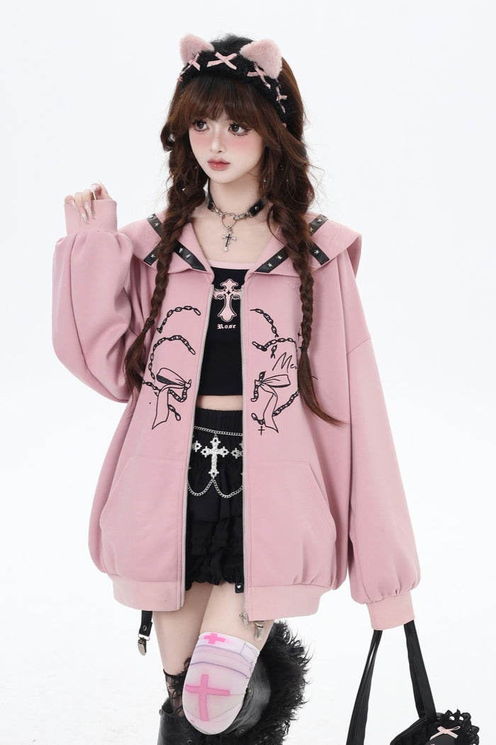 Pink/Gray Japanese Subculture Navy Collar Oversized Hooded Coat for Spring