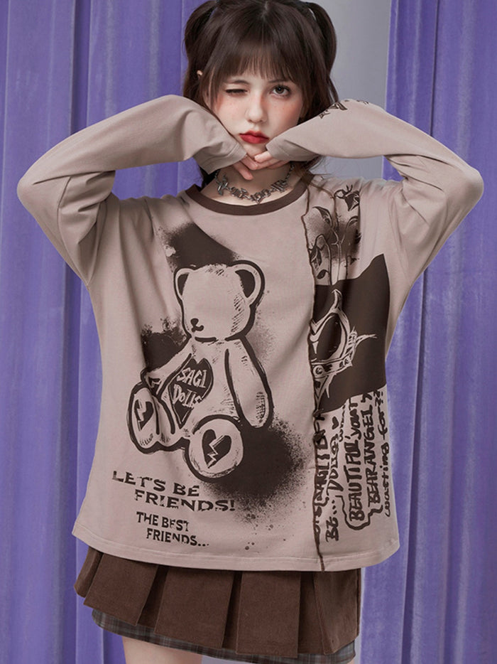 Playful Bear Print Patchwork Relaxed Fit Tee