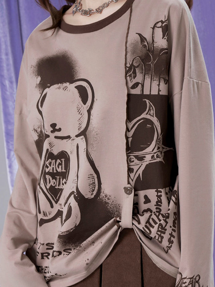 Playful Bear Print Patchwork Relaxed Fit Tee