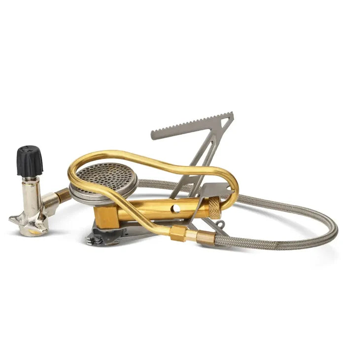 Primus Express Spider Camping Gas Stove collapsed for packing on a white background