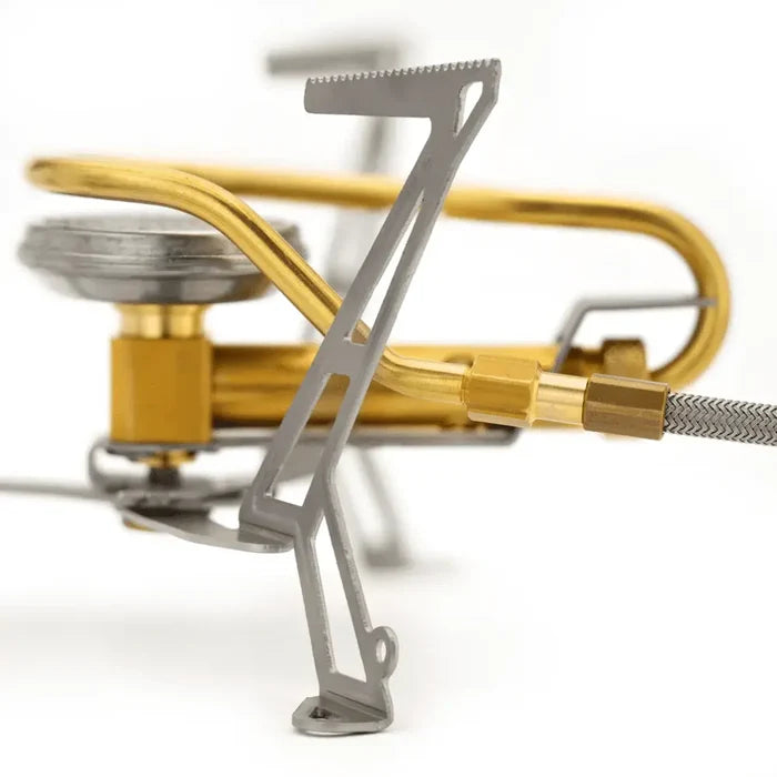 Close-up of the pot legs on a Primus Express Spider Camping Gas Stove on a white background