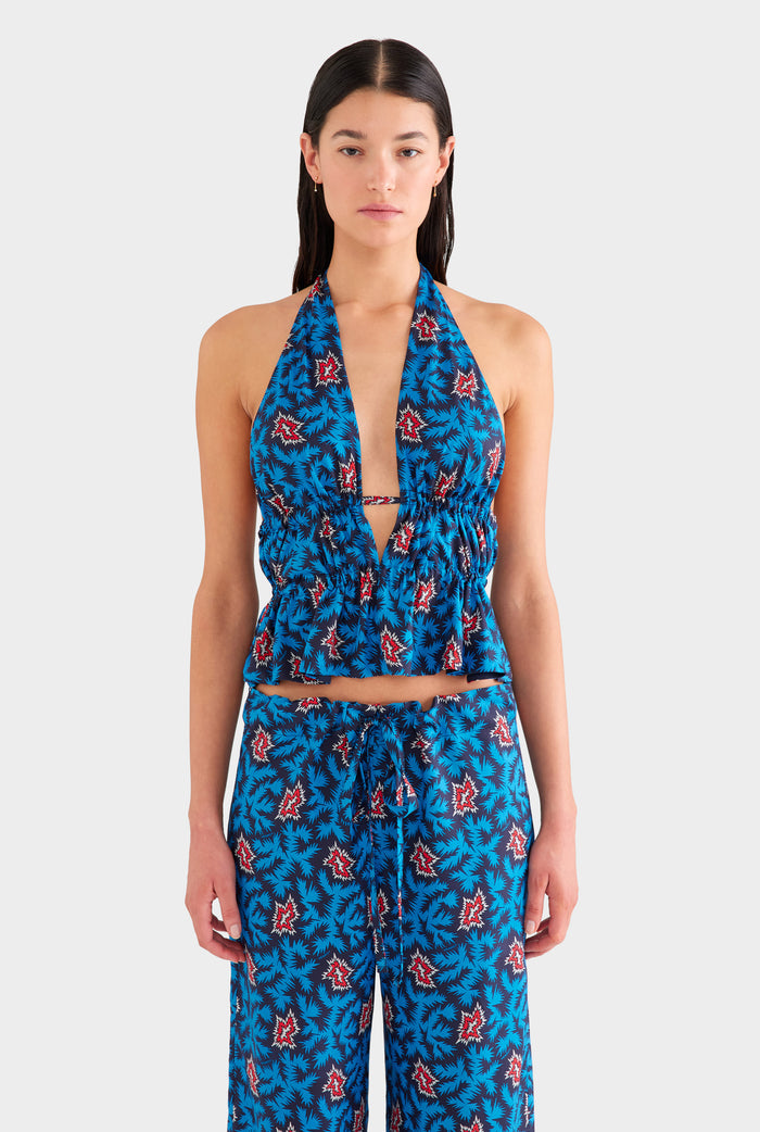 Printed Silk Halter Top - Blue/Red BAM