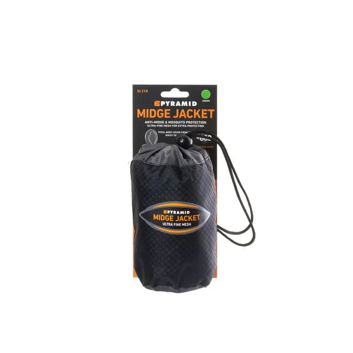 Pyramid midge jacket shown in its stuff sack and product packaging