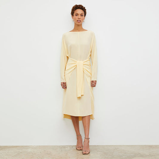Front image of a woman wearing the Rashmeen Dress - Washable Silk in Parchment | Lead