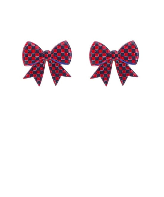 Red and Black Checkered Bow Earrings – Football Fan Acrylic Studs