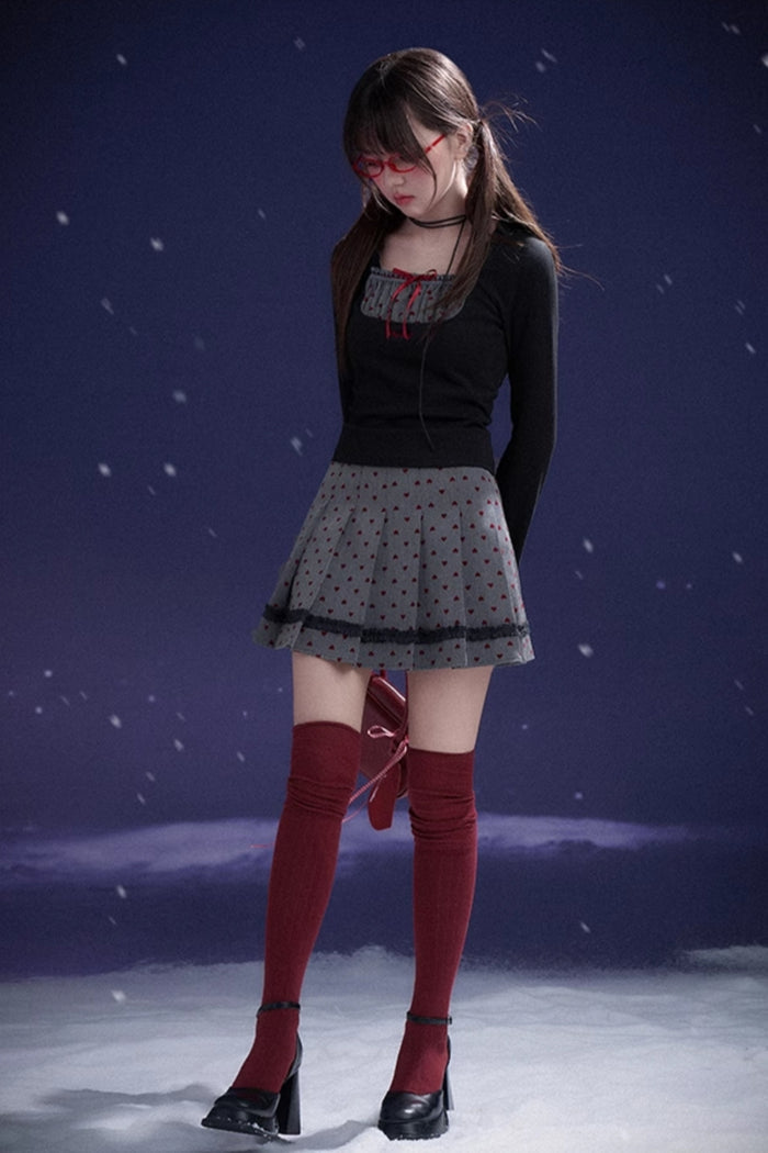 Red Flocked Pleated Skirt
