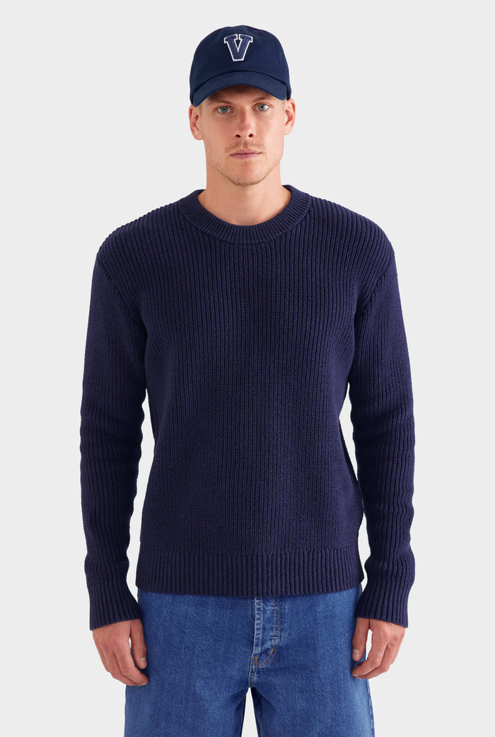 Relaxed Cotton Knit Sweater - Navy
