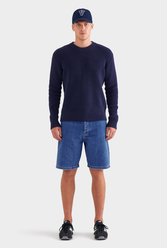 Relaxed Cotton Knit Sweater - Navy