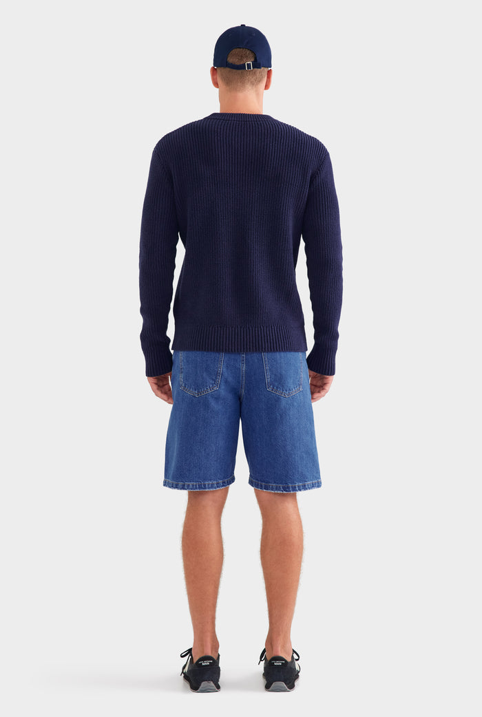 Relaxed Cotton Knit Sweater - Navy