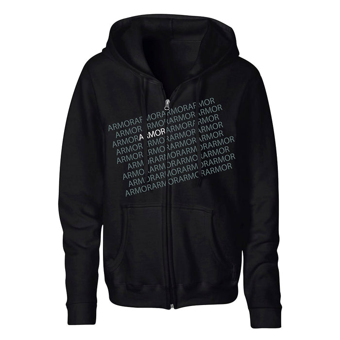 A black zip-up hoodie by Armor For Sleep with front pockets and ARMOR in gradient blue and white text repeated diagonally across the chest.