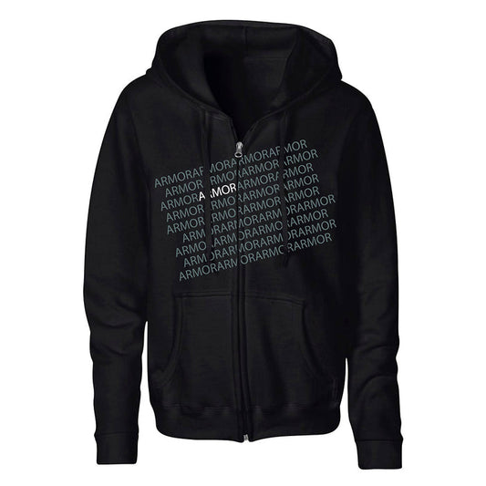 A black zip-up hoodie by Armor For Sleep with front pockets and ARMOR in gradient blue and white text repeated diagonally across the chest.
