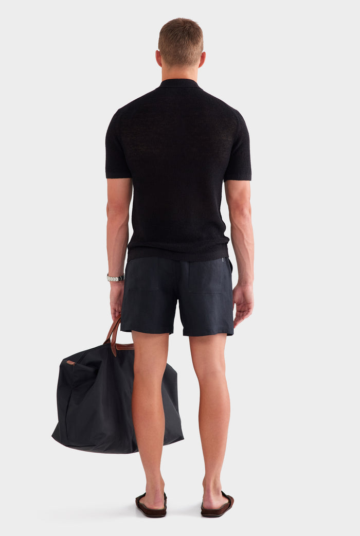 Rib Knit Open Neck Polo - Black
