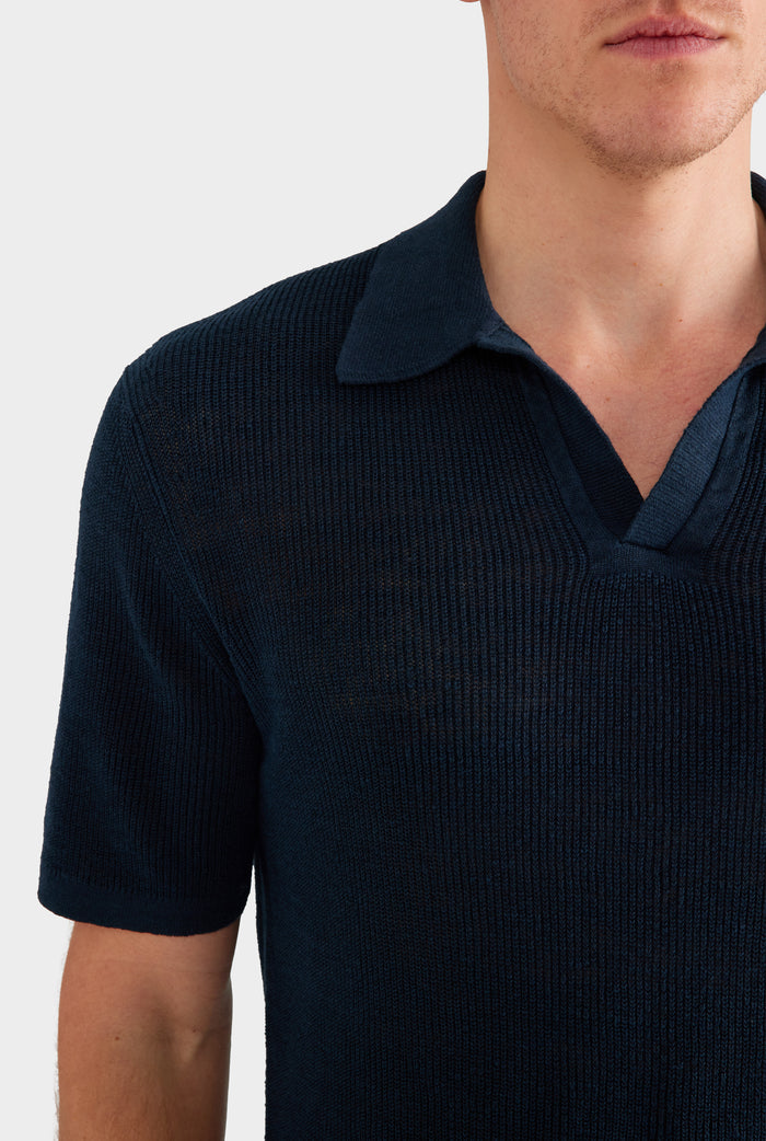 Rib Knit Open Neck Polo - Navy