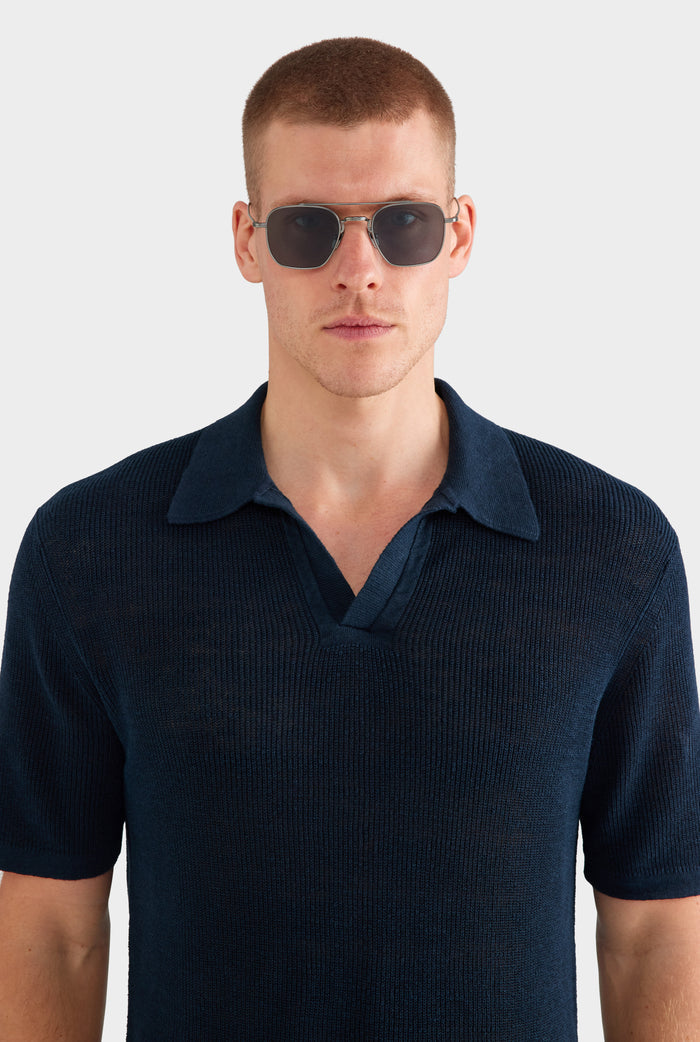 Rib Knit Open Neck Polo - Navy