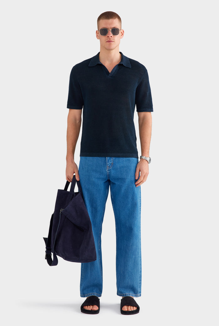 Rib Knit Open Neck Polo - Navy