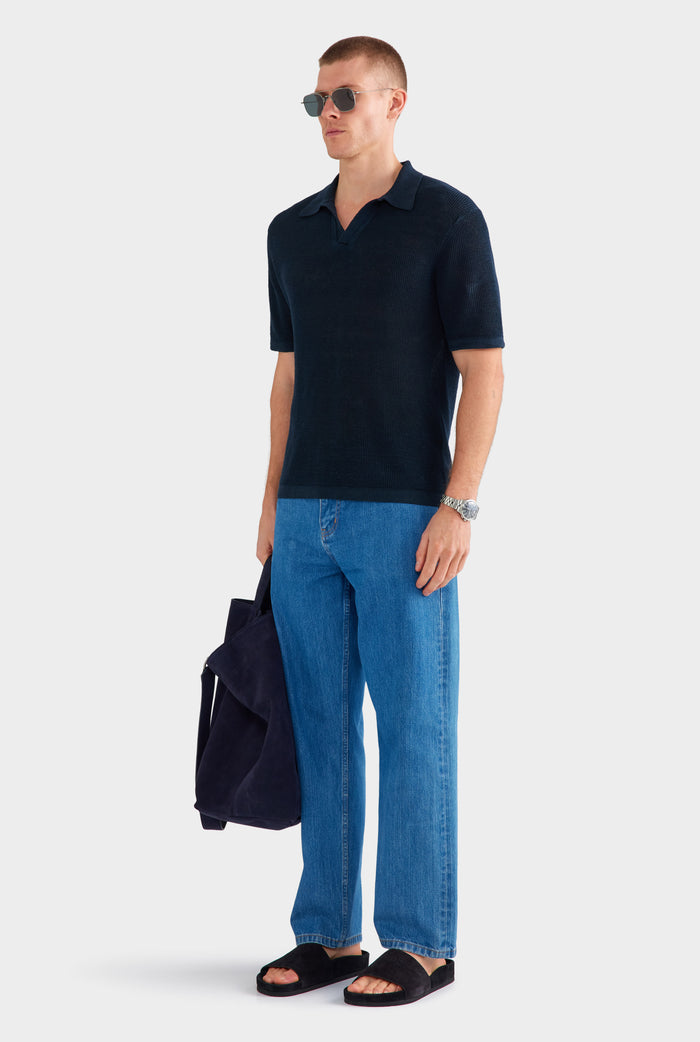 Rib Knit Open Neck Polo - Navy