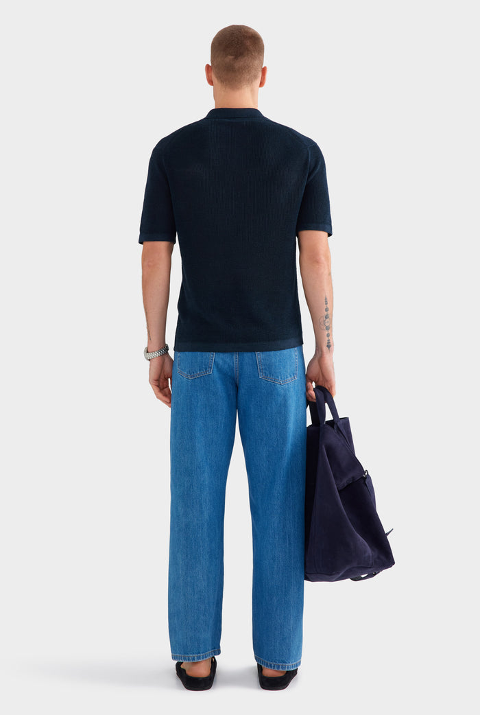 Rib Knit Open Neck Polo - Navy