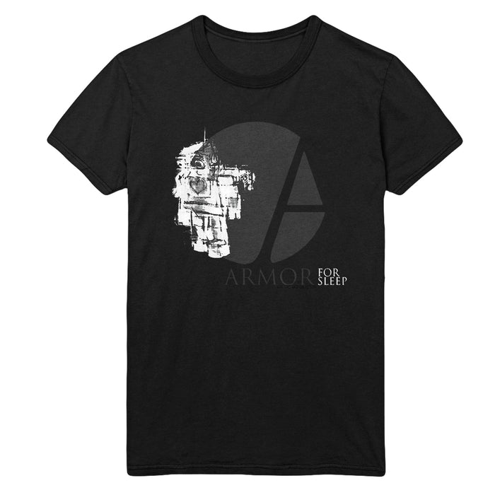 Armor For Sleep black t-shirt with a distressed white graphic of a building and clock, FOR SLEEP in small white text below, and faint ARMOR text in the background.