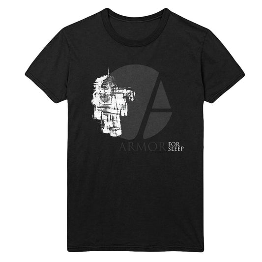 Armor For Sleep black t-shirt with a distressed white graphic of a building and clock, FOR SLEEP in small white text below, and faint ARMOR text in the background.