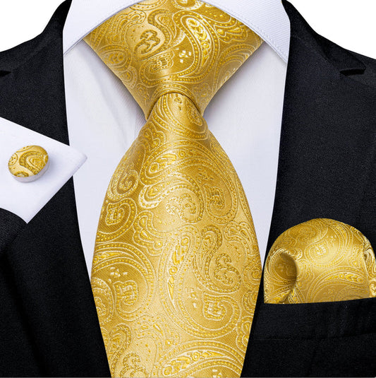 Royal Yellow Paisley Tie Pocket Square Cufflinks Set- N-7458 - SimonVon Shop